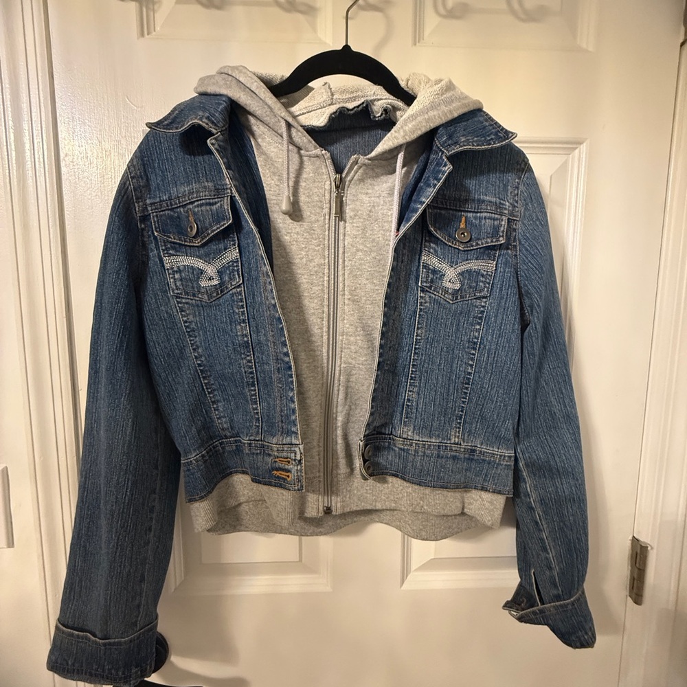 Blue Denim Jacket with Gray Hoodie